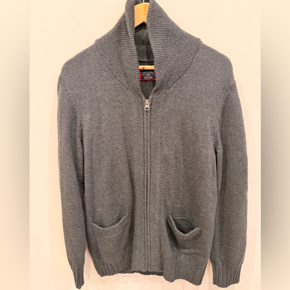 UNTUCKit Barron Chunky Zip Cardigan Gray Wool Blend Shawl‎ Collar Sweater Small